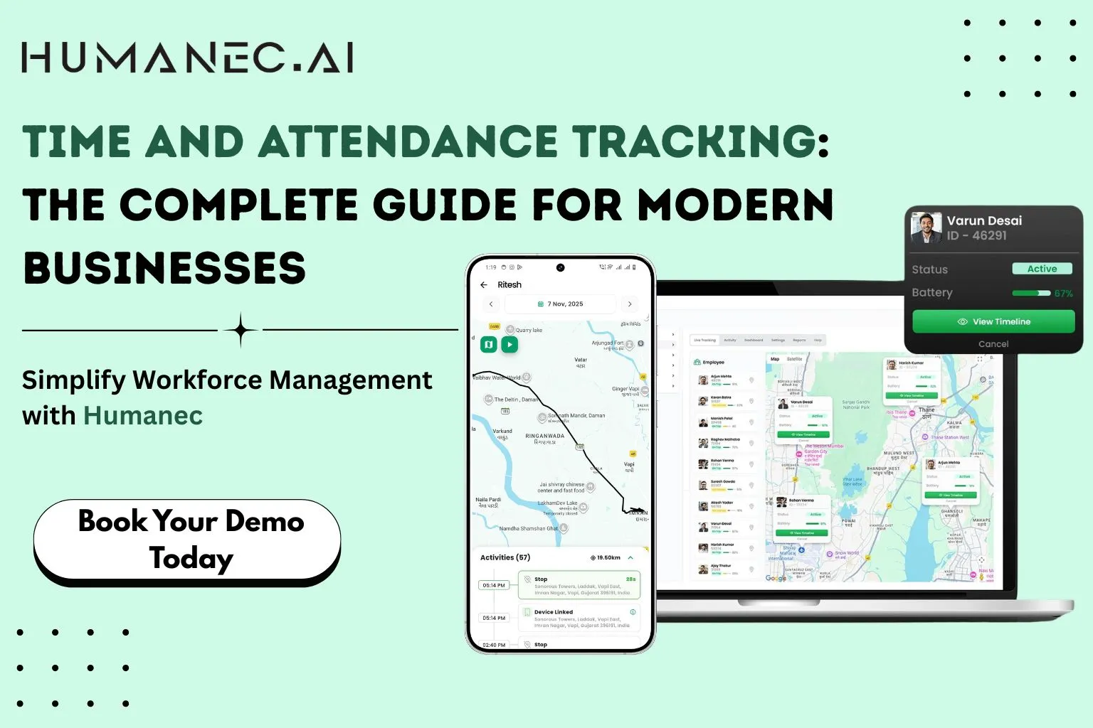 Humanec time and attendance tracking software with GPS and mobile attendance tracking dashboard<