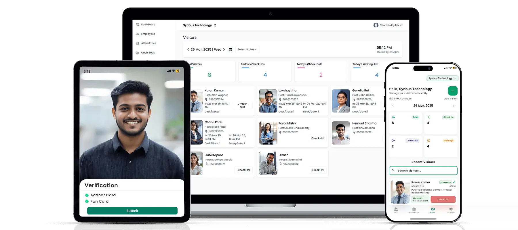 Visitor Management System for Secure Digital Check-Ins Digital visitor management dashboard showing pre-registration, real-time arrival tracking, badge issuance, and workplace access control