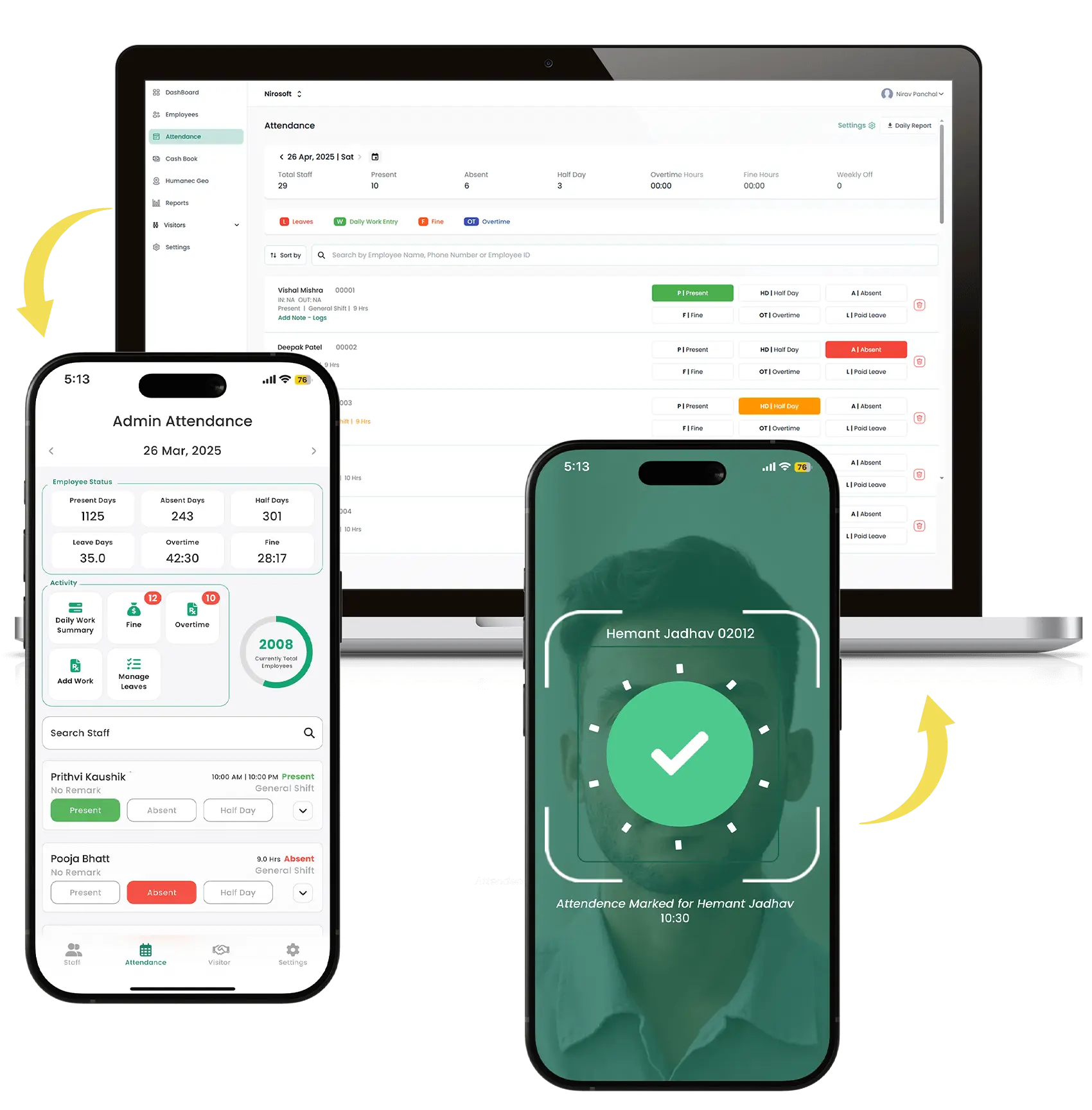 Attendance and time tracking system with facial recognition, real-time work hour monitoring, payroll sync, and mobile-friendly timesheets