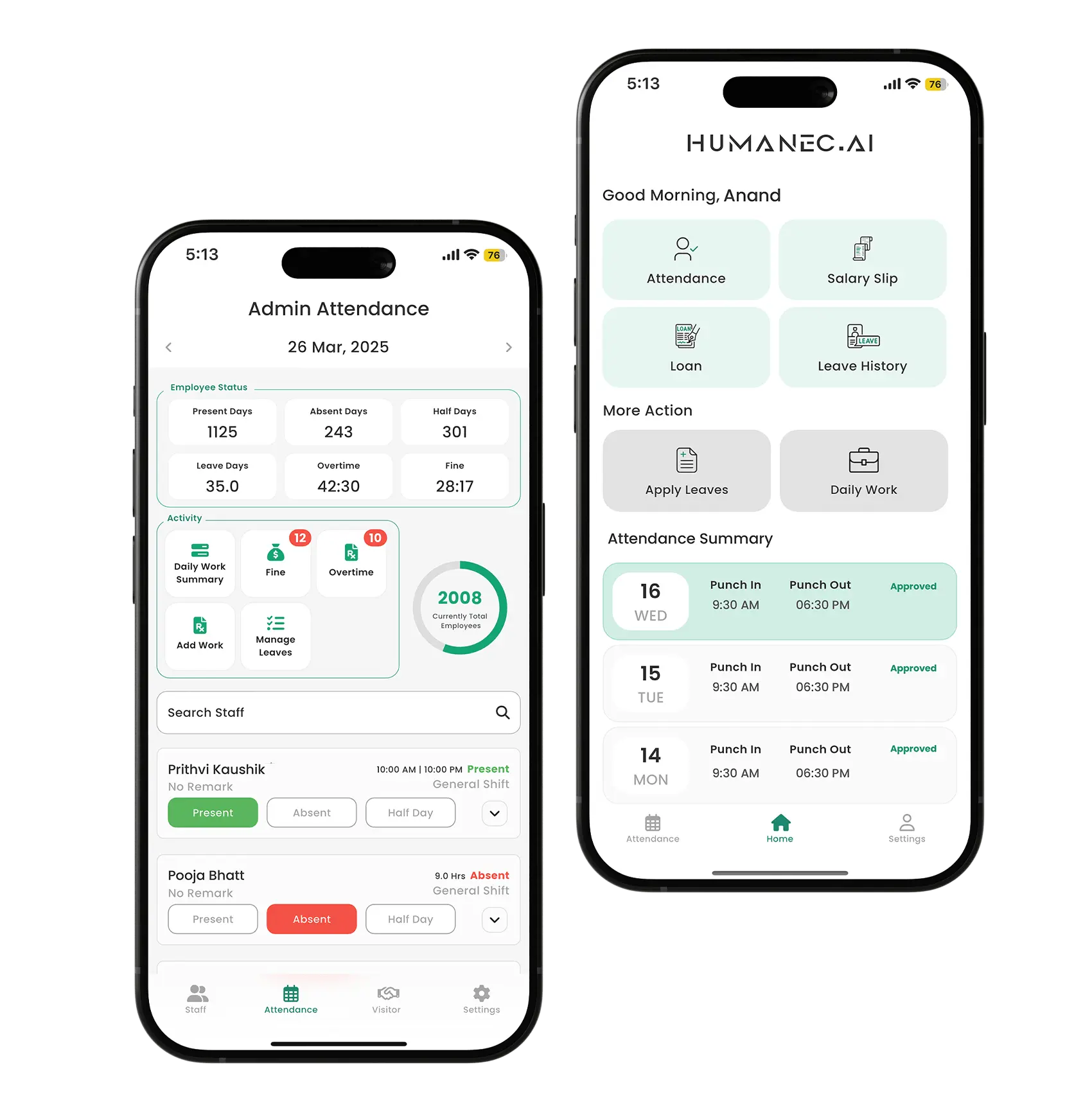 Employee Self-Service Portal dashboard showing real-time attendance, salary tracking, leave requests, and mobile-friendly HR features